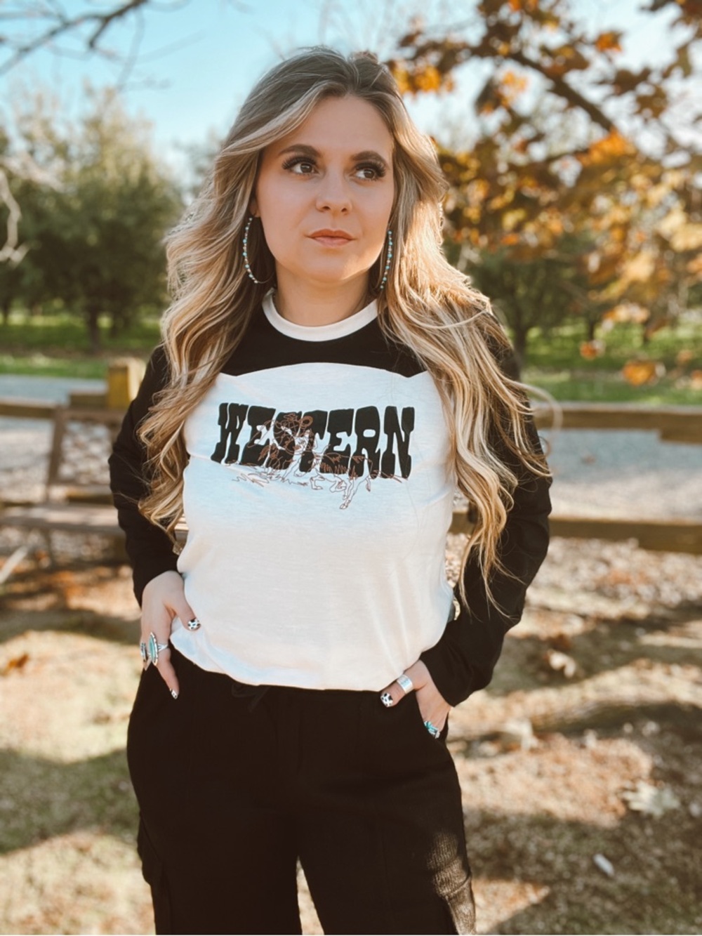 Western Graphic Raglan Long Sleeve Tee - Black & White